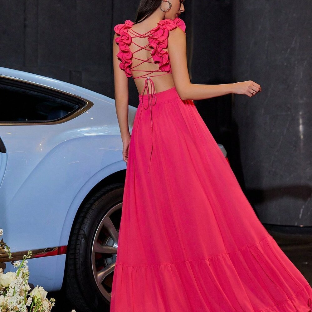 Hot Pink Elegant Women's Chiffon Backless Evening Dress - Picture 2 of 6